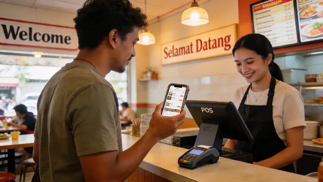 Customer showing the Dianping app on his phone to redeem a group-buy deal at a Malaysian eatery counter